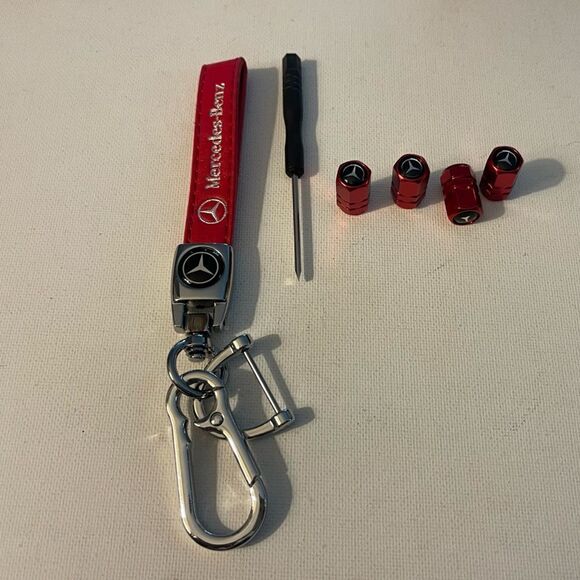 Mercedes Key Fob keychain in Red Leather and Valve Stem Caps in Red NWT - Picture 2 of 6